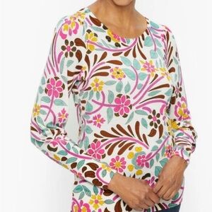 Talbots Off-White Floral Long Sleeve Lightweight Wool Crewneck Sweater Top NWT